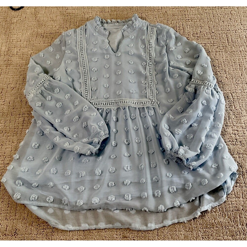 Women Long Sleeve Baby Blue Blouse V-Neck for Dot Flowy Shirt.Size Medium..